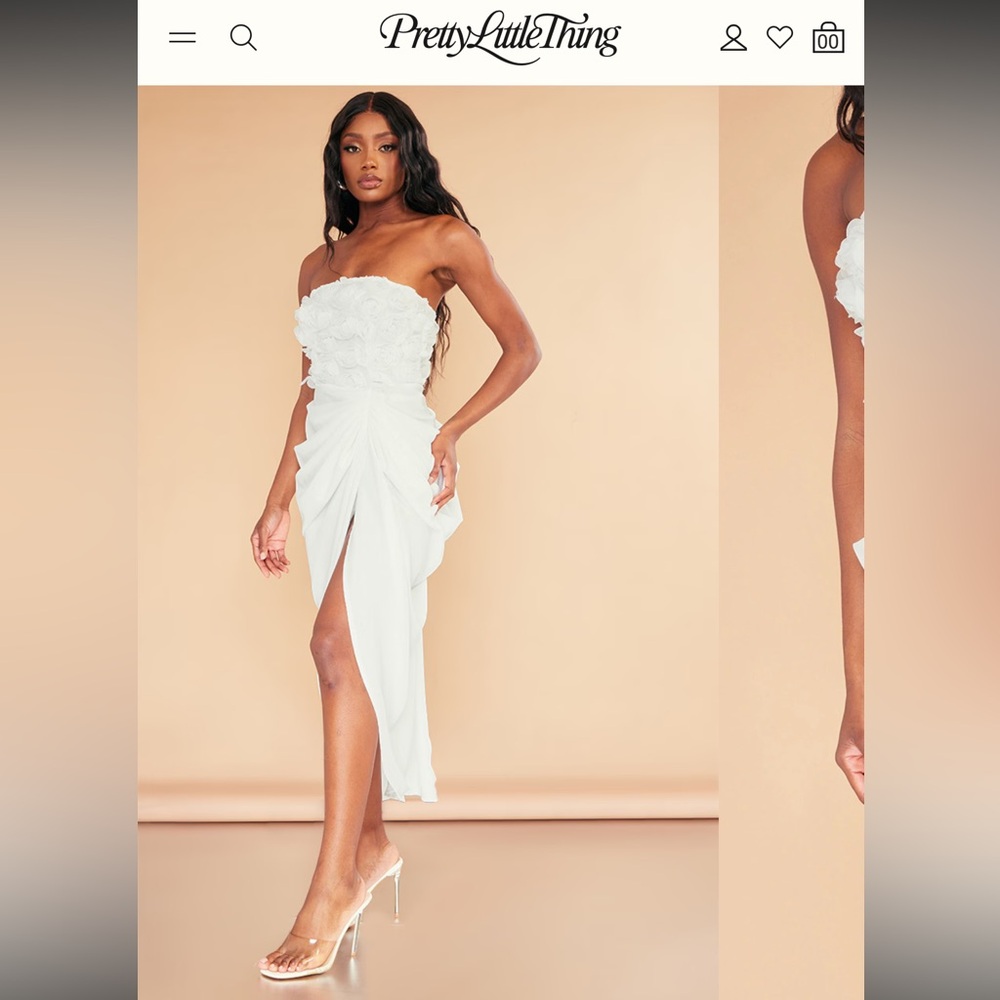 PrettyLittleThing WHITE APPLIQUE ROSE DETAIL DRAPED MIDAXI DRESS